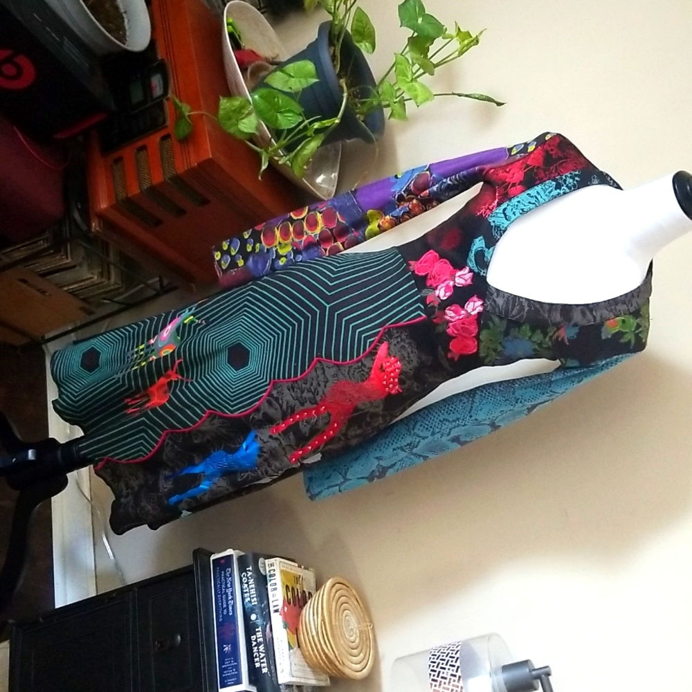 Desigual Mixed Print Long Sleeve A-Line Dress Size Small